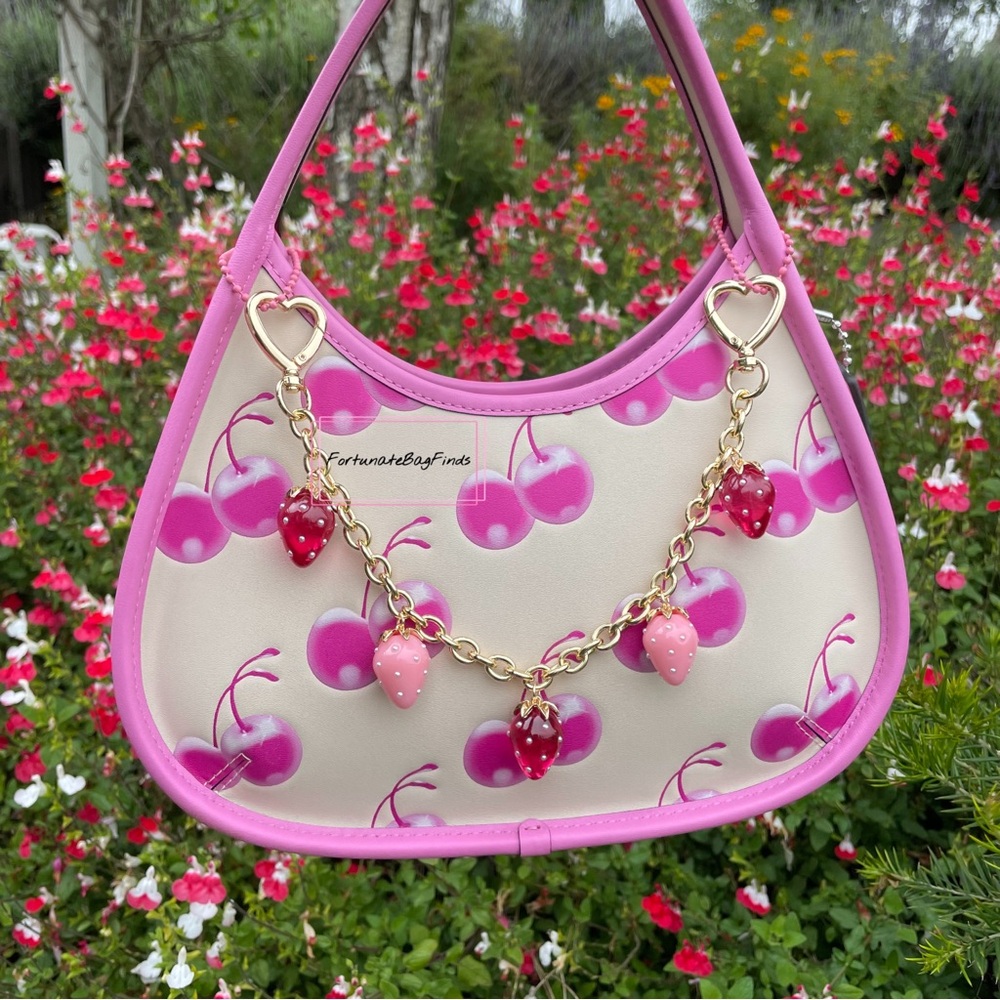 Heart Strawberry Bag Purse Charm Chain Swag Strap Hot Pink & Baby Pink Pearl - Picture 7 of 13
